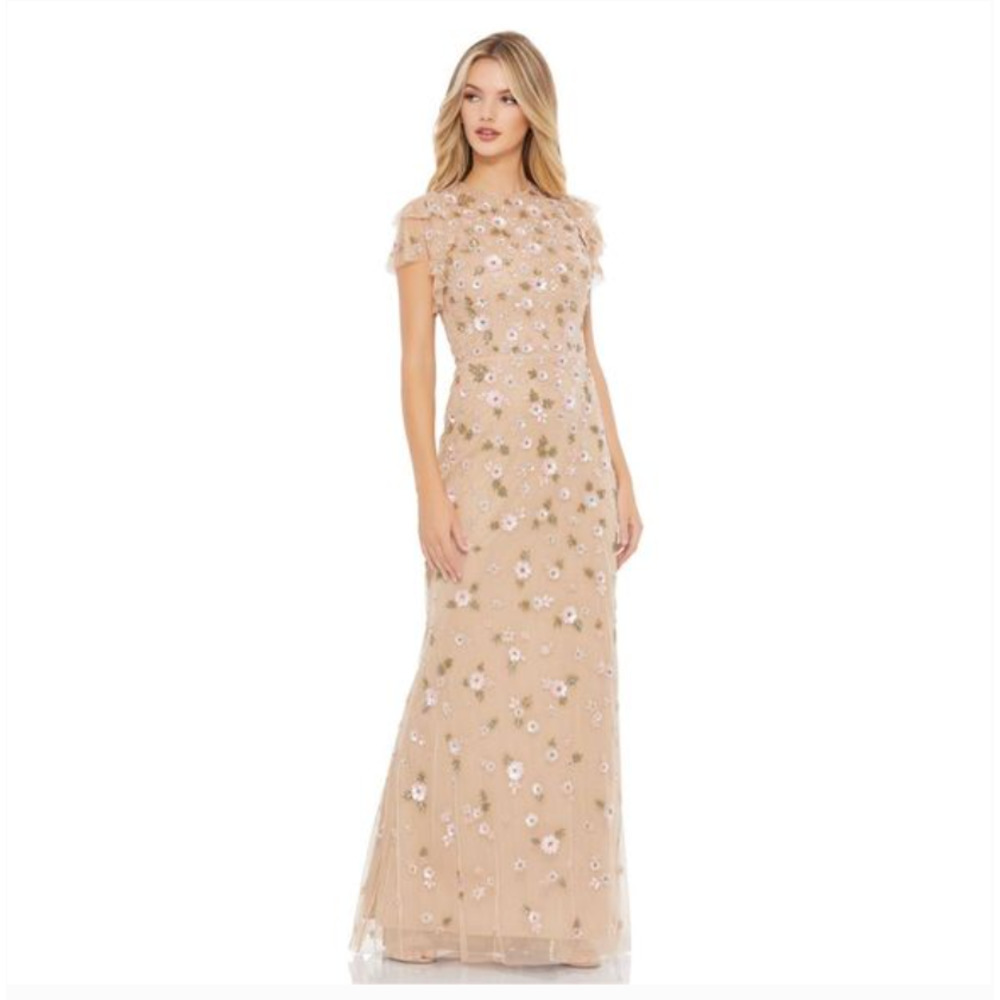 MAC DUGGAL EMBELLISHED HIGH NECK FLUTTER SLEEVE GOWN 4 NEW